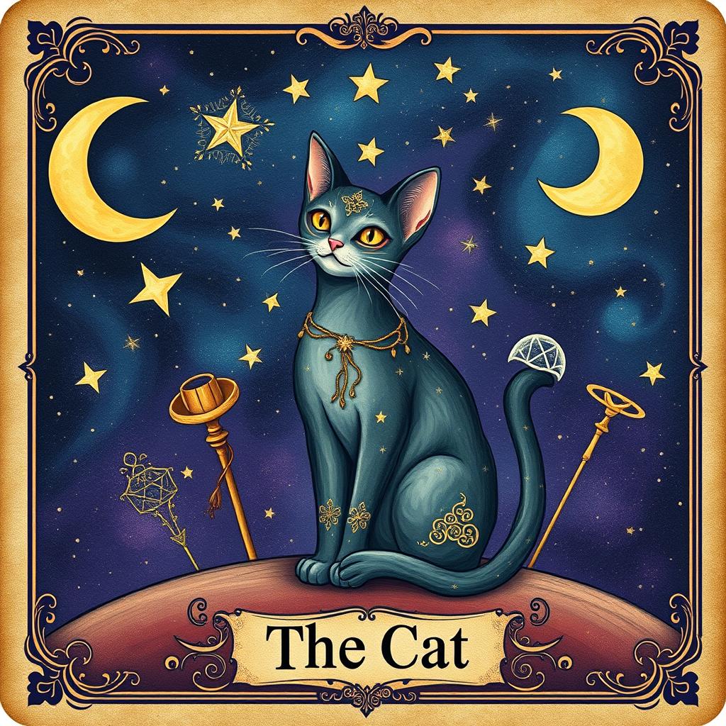 A whimsical and magical scene featuring a cat as the central figure, styled as a tarot card