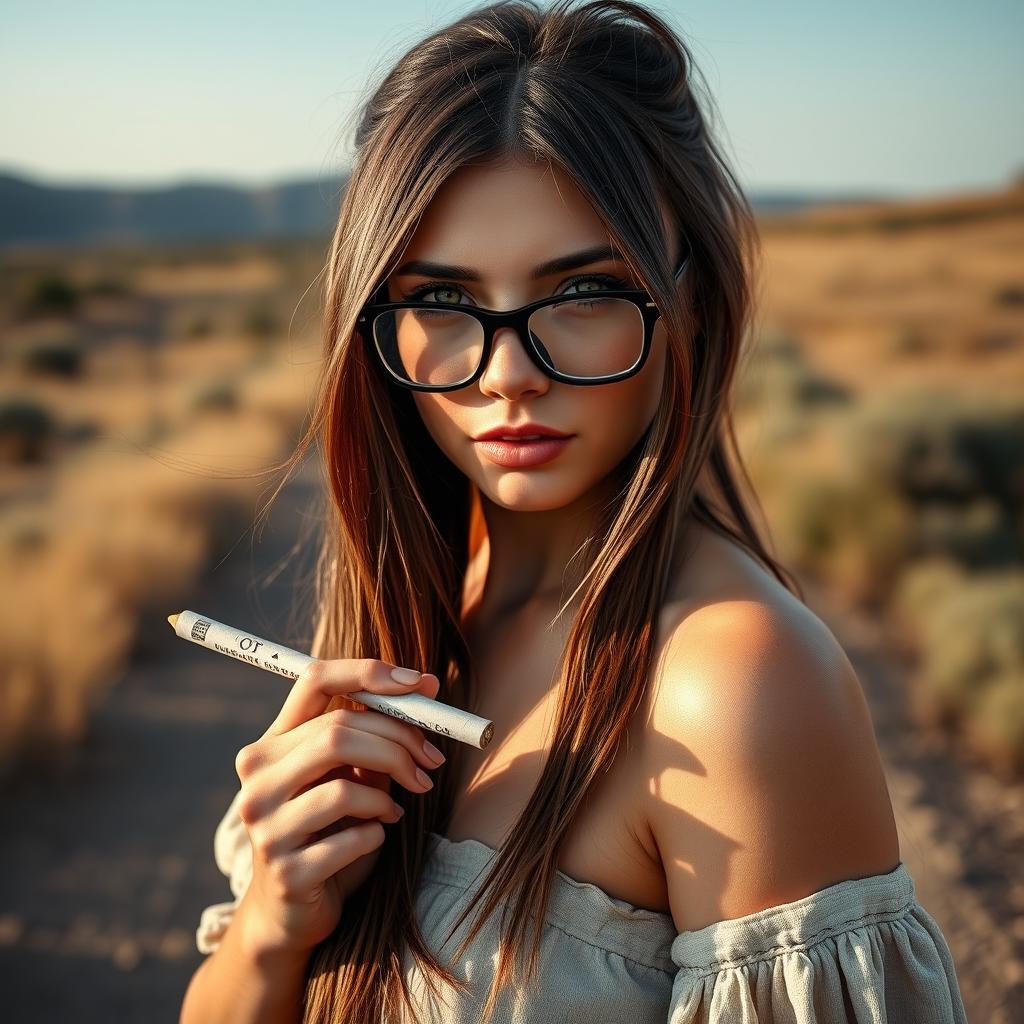 A striking portrait of a short native American woman with long, flowing brunette hair standing on a dirt road
