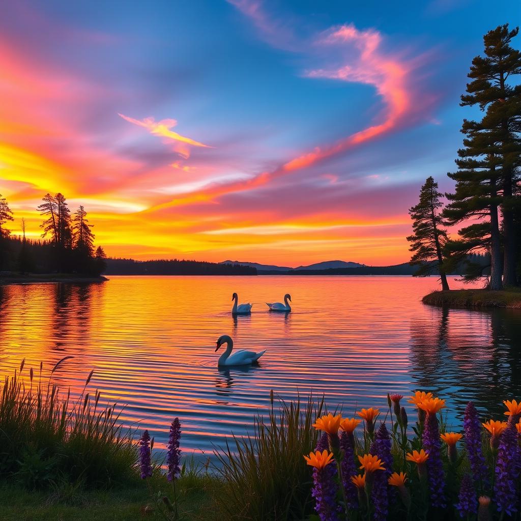 A dreamy sunset over a serene lake, showcasing vivid hues of orange, pink, and purple blending seamlessly into the horizon