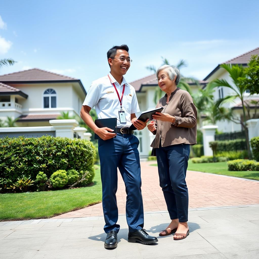 A smiling, skinny Malaysian man dressed in a simple white short-sleeve uniform, exuding a neat and professional appearance
