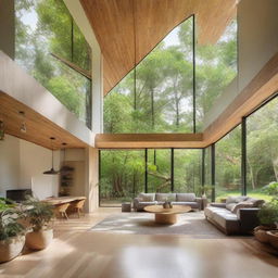 A sustainable, eco-friendly home with elements of biophilic design, featuring abundant greenery, natural light, and organic materials.