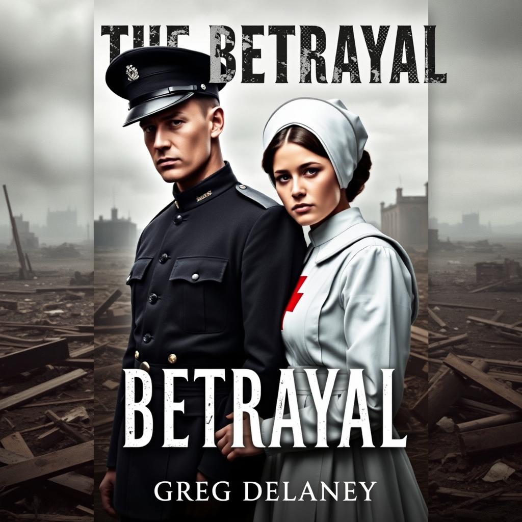 A striking book cover for 'The Betrayal' by Greg Delaney, featuring a British officer and a French nurse amidst the turmoil of World War I