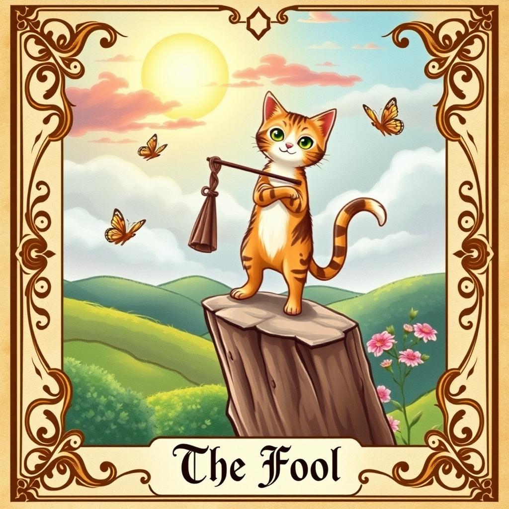 A whimsical tarot card illustration featuring a playful cat as 'The Fool', portraying a sense of adventure and innocence