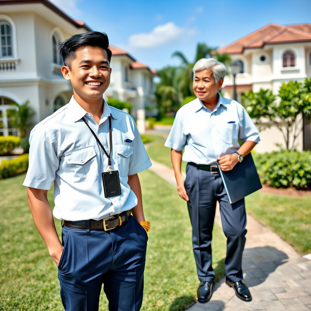 A smiling Malaysian man dressed in a simple white short-sleeve uniform, exuding a neat and professional appearance