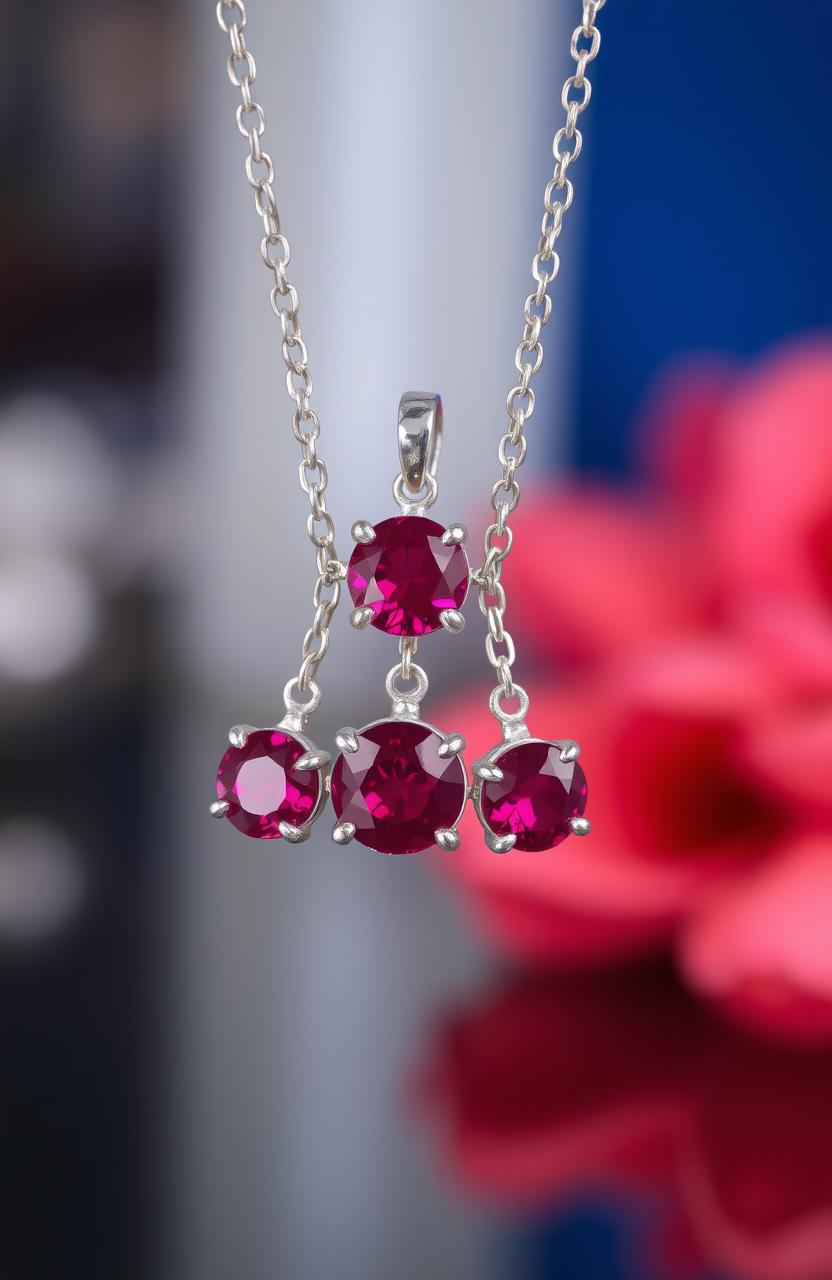 A beautiful silver necklace featuring six stunning rubies elegantly set