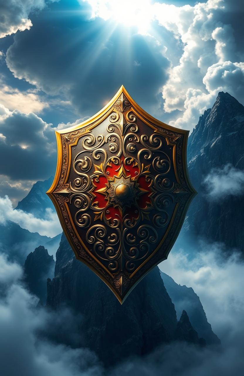 A captivating fantasy book cover design featuring an ornate, intricately detailed shield centered on the image