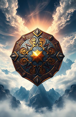 A captivating fantasy book cover design featuring an ornate, intricately detailed shield centered on the image