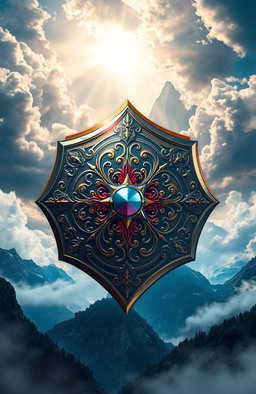A captivating fantasy book cover design featuring an ornate, intricately detailed shield centered on the image