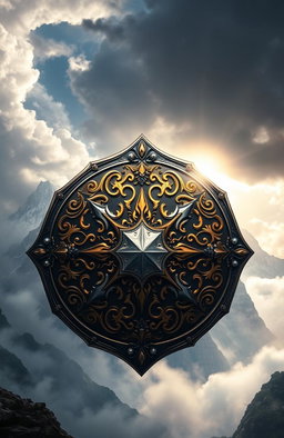 A captivating fantasy book cover design featuring an ornate, intricately detailed shield centered on the image