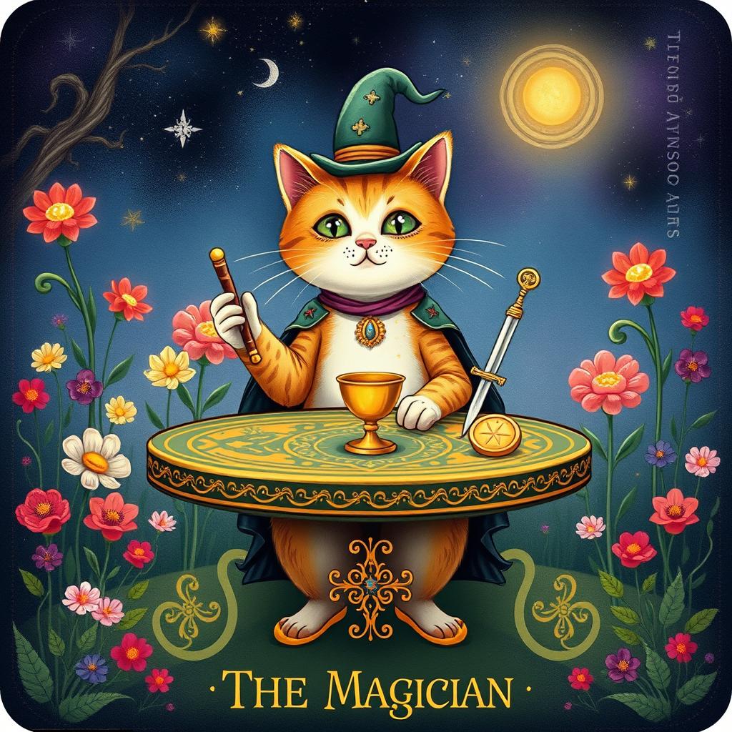 A whimsical and enchanting illustration of a cat embodying The Magician tarot card