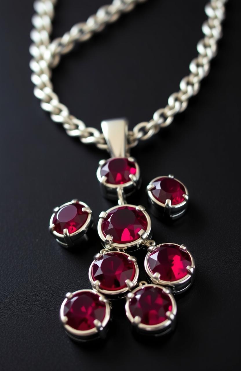 A thick silver necklace featuring six embedded rubies set in a black backing