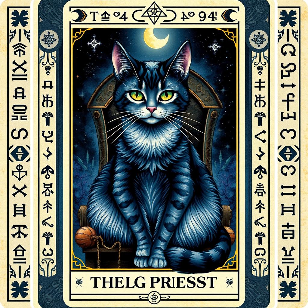A mystical representation of a cat as 'The High Priestess' tarot card, featuring a beautifully detailed feline with calm, wise eyes sitting gracefully on a throne
