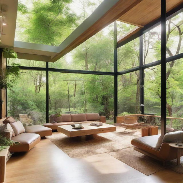 A sustainable, eco-friendly home with elements of biophilic design, featuring abundant greenery, natural light, and organic materials.