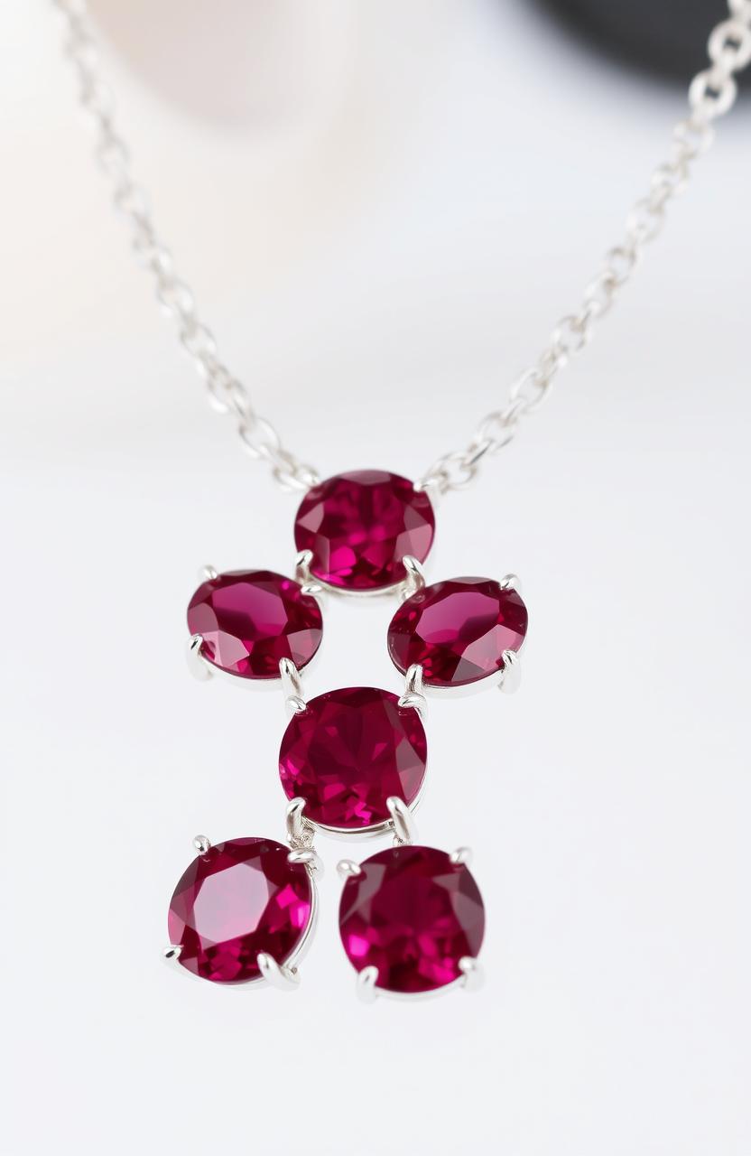 Six ruby gemstones arranged in a row, connected by a thick silver chain designed like a necklace