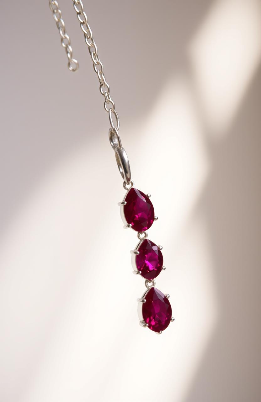Six rubies arranged in a row, connected by a thick silver chain in the form of a necklace, showcasing the vibrant red color of the rubies against the shiny, polished surface of the silver