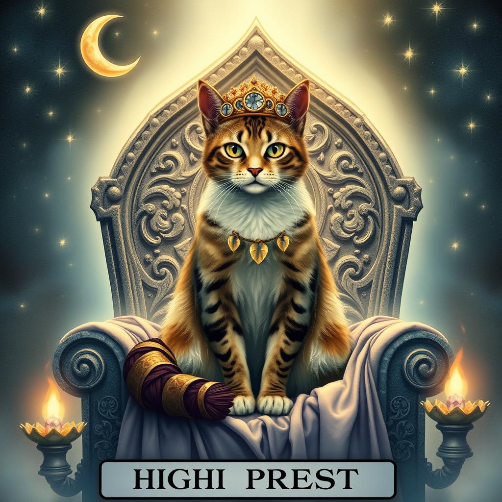 A mystical and enchanting representation of the High Priestess tarot card, featuring a regal cat with deep, wise eyes, sitting gracefully on a stone throne adorned with intricate carvings