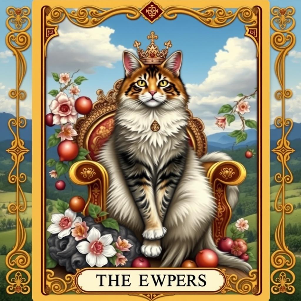 A tarot card design featuring a cat as The Empress, sitting regally on a luxurious throne adorned with flowers and vines