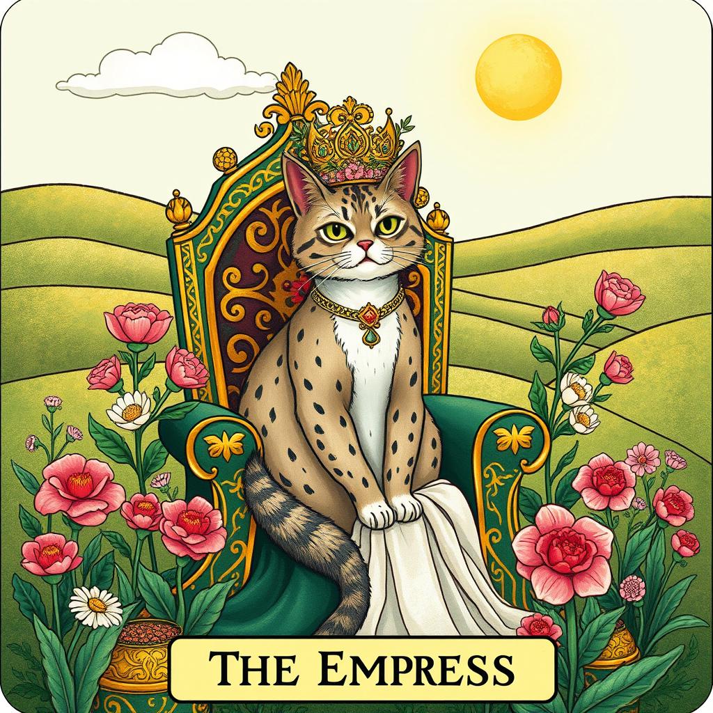 A whimsical tarot card illustration featuring a cat representing The Empress card