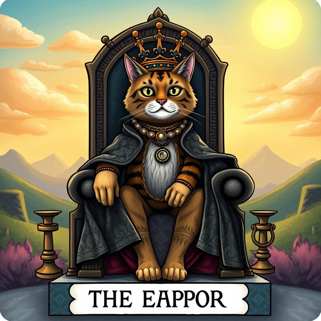 A whimsical interpretation of The Emperor Tarot card featuring a majestic cat seated on a grand throne