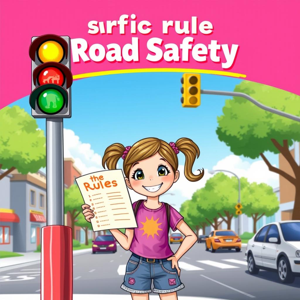A captivating illustration of a girl with a bright smile, confidently holding a traffic rules guide while standing next to a colorful traffic light and road signs