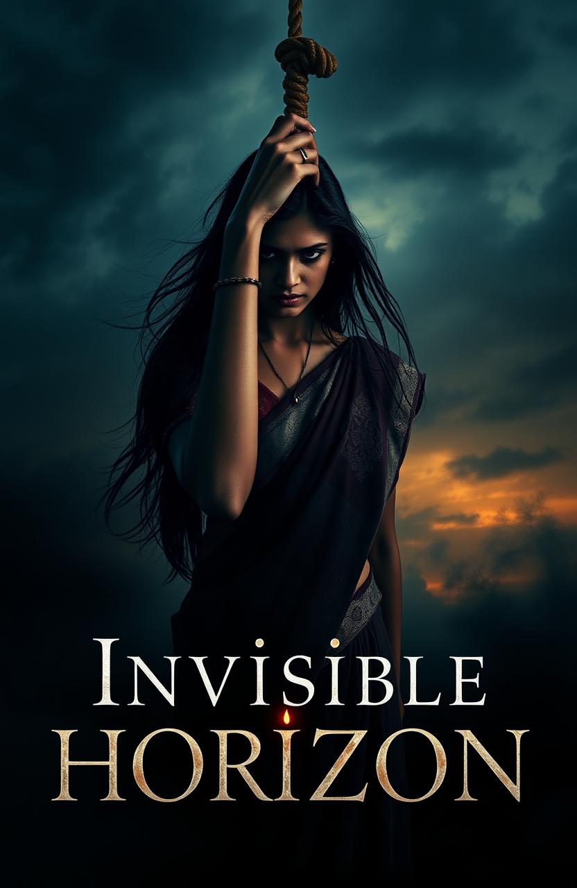 A haunting book cover set at dusk, depicting a young woman hanging by a noose