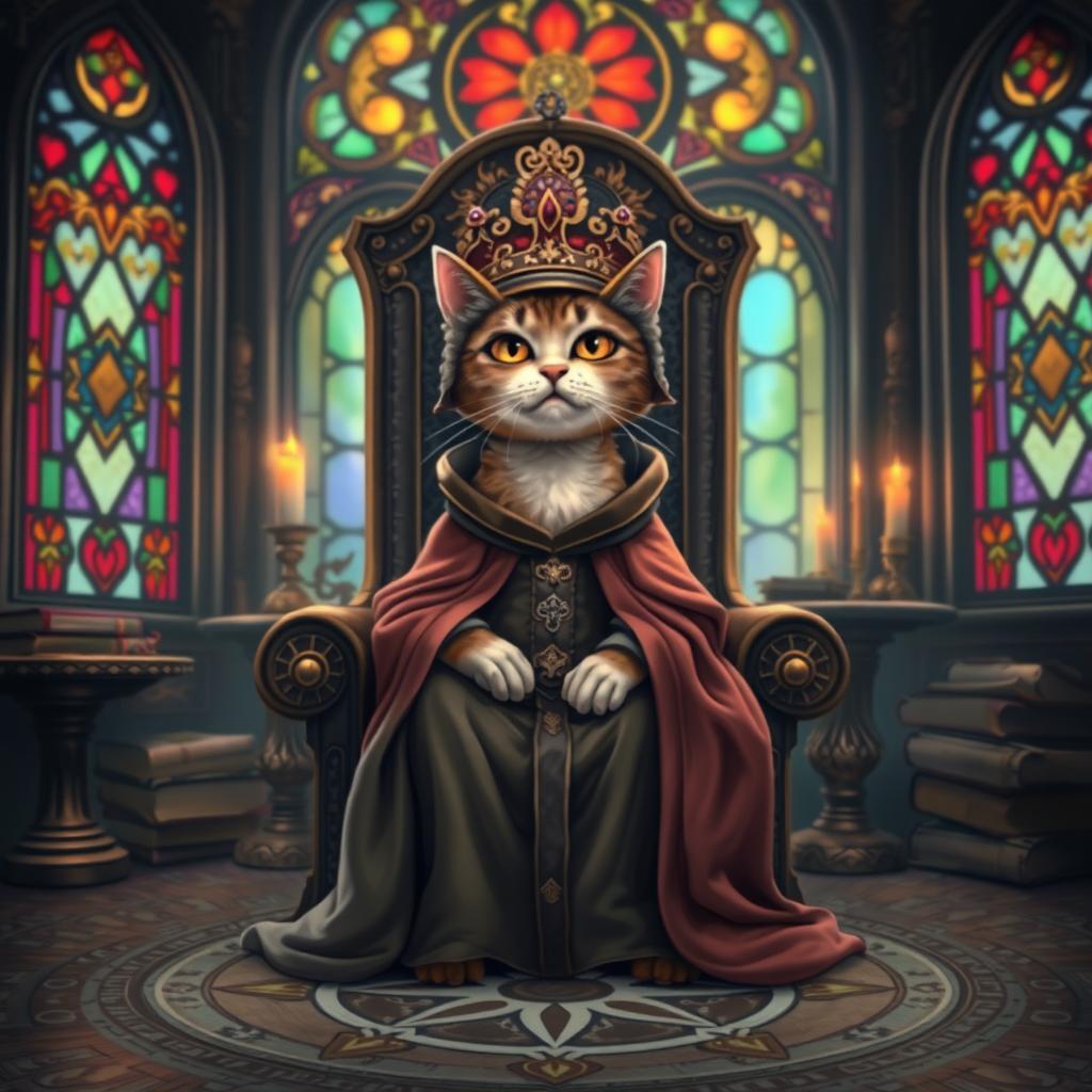 A whimsical cat wearing a priestly robe and ornate headdress sits majestically on a throne, surrounded by ancient symbols and mystic books