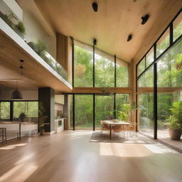 A sustainable, eco-friendly home with elements of biophilic design, featuring abundant greenery, natural light, and organic materials.