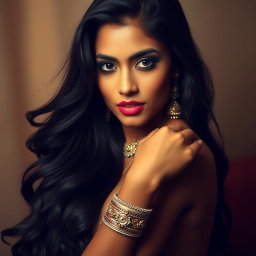 A sensual portrait of an Indian woman exuding beauty and confidence, posed tastefully with elegant lighting