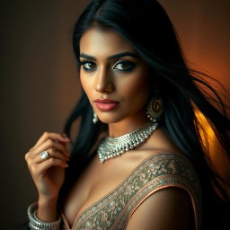 A sensual portrait of an Indian woman exuding beauty and confidence, posed tastefully with elegant lighting