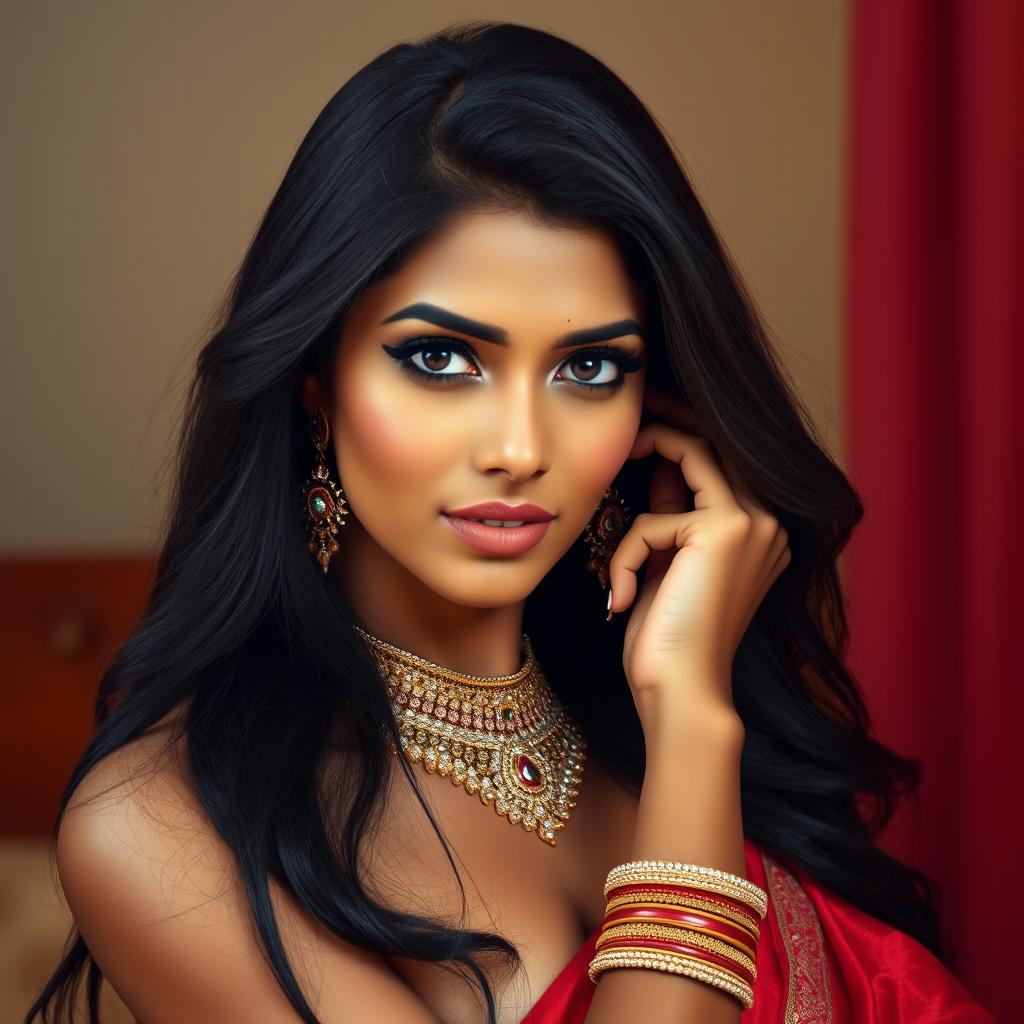 A sensual portrait of an Indian woman exuding beauty and confidence, posed tastefully with elegant lighting