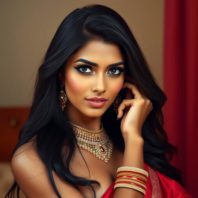 A sensual portrait of an Indian woman exuding beauty and confidence, posed tastefully with elegant lighting