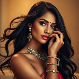A sensual portrait of an Indian woman exuding beauty and confidence, posed tastefully with elegant lighting