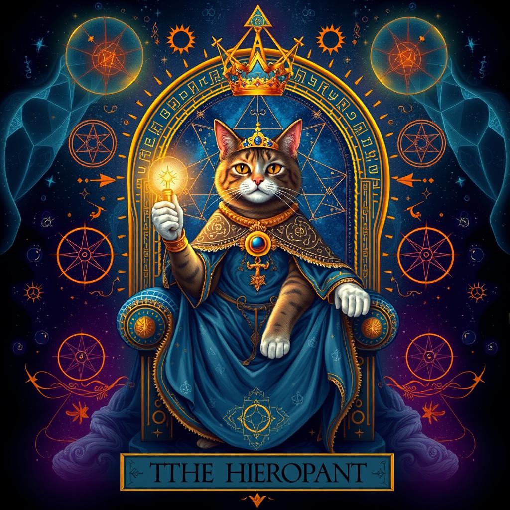 A visually striking illustration of a tarot card featuring a cat as The Hierophant
