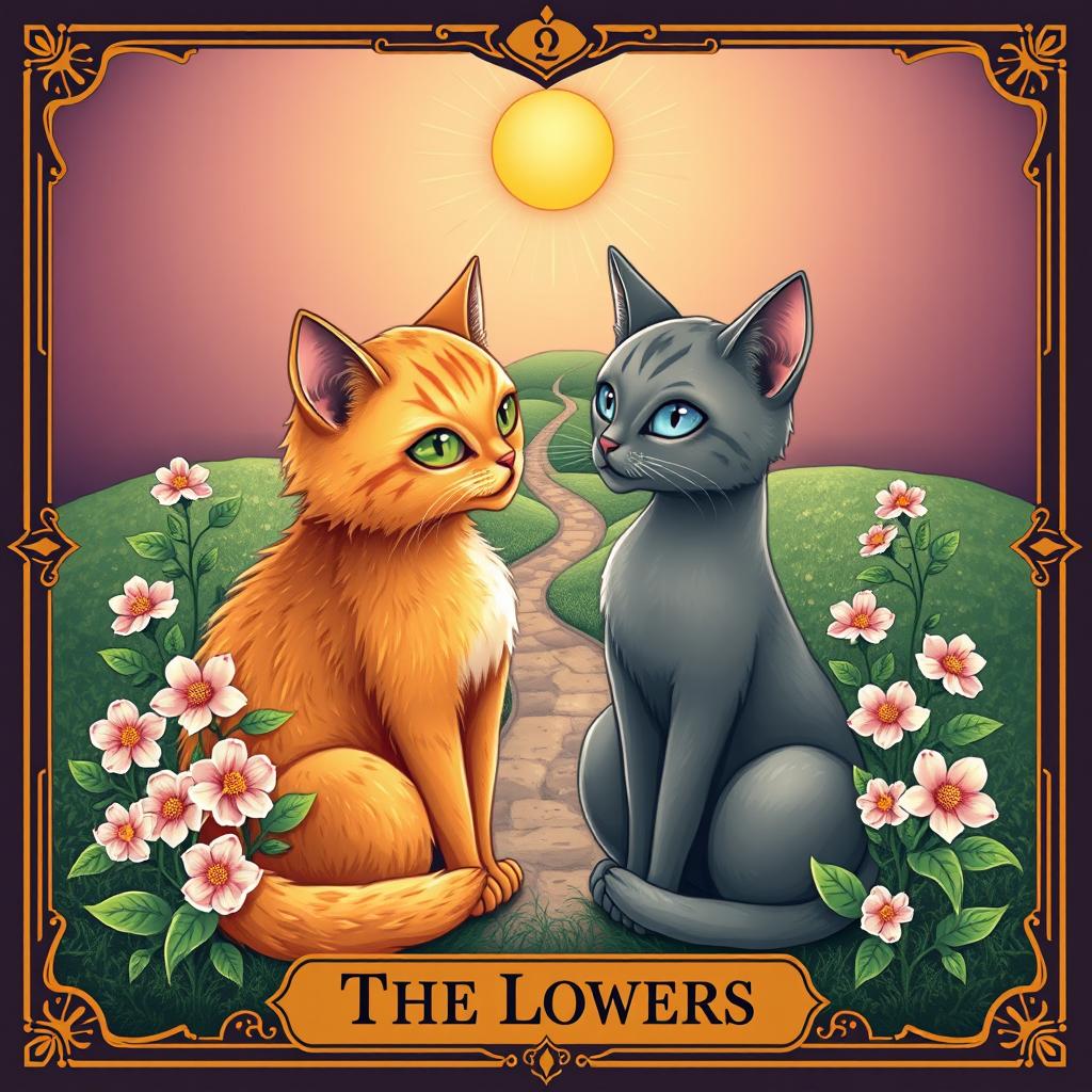 A whimsical illustration of a tarot card titled 'The Lovers' featuring two elegantly posed cats symbolizing romance and harmony