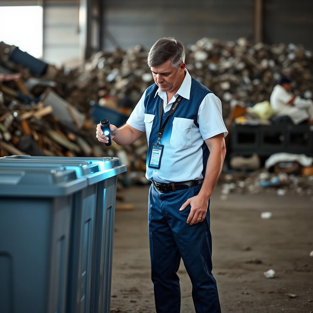 A man in a white short-sleeved uniform, collar open and no tie, is wearing a dark blue vest without any logos or writing