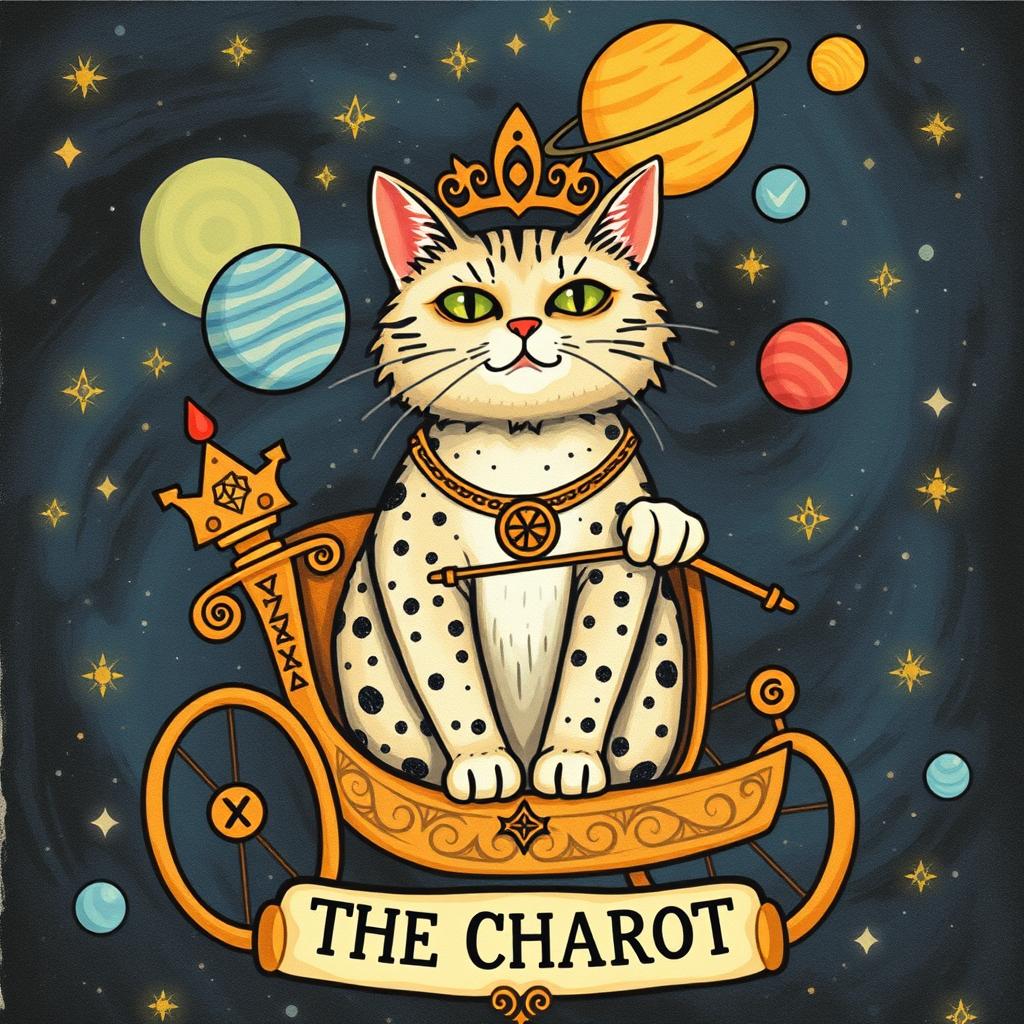 A whimsical and artistic depiction of a tarot card featuring a cat representing The Chariot