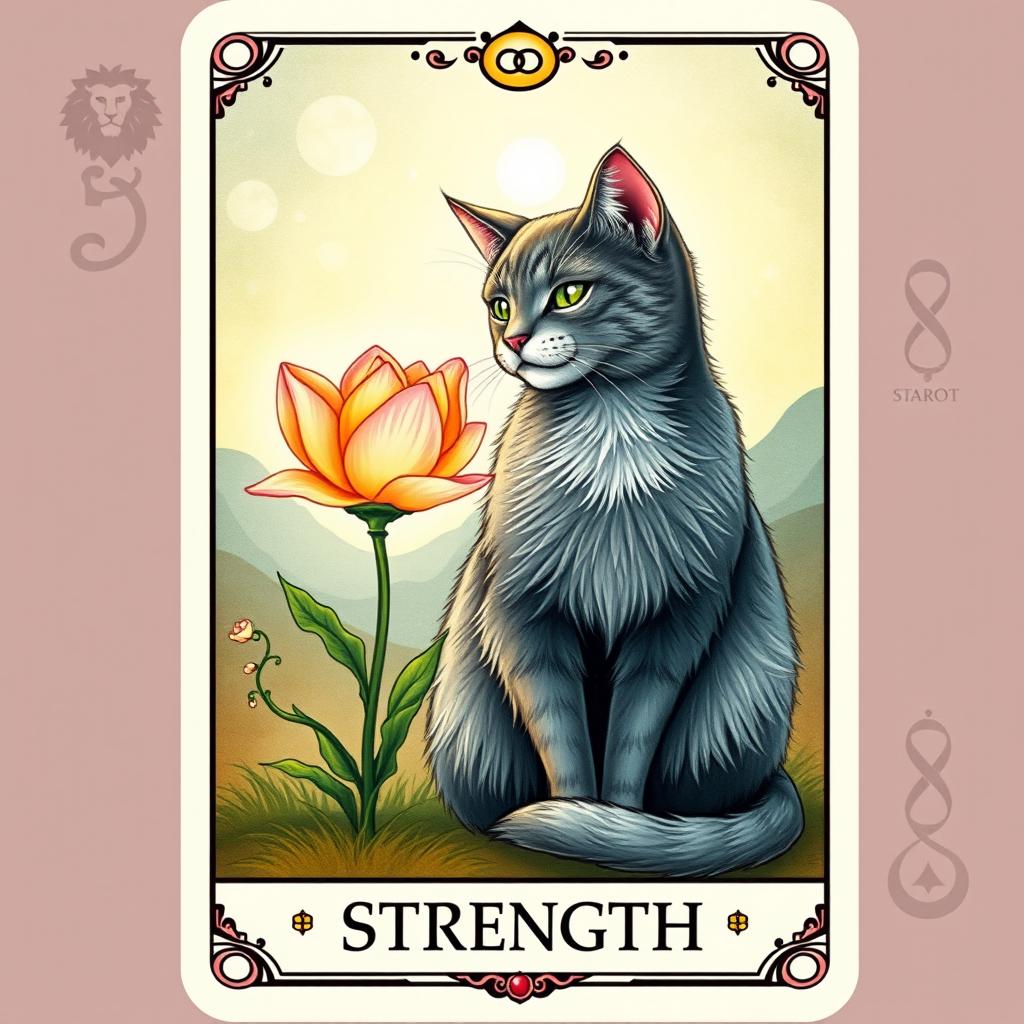A beautifully illustrated Tarot card featuring a cat representing the Strength card