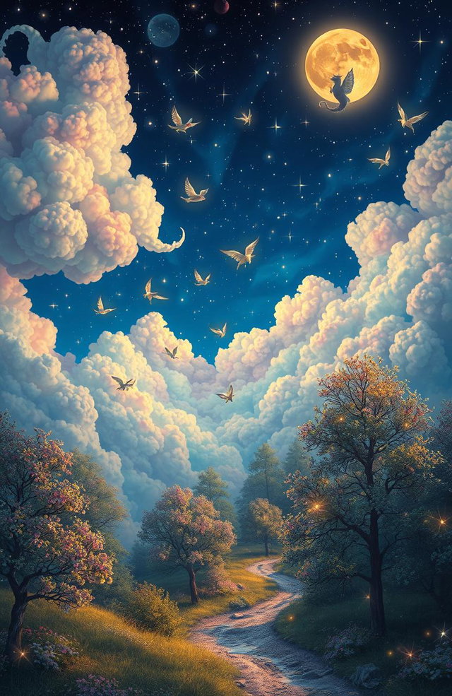 A surreal dreamscape filled with ethereal clouds, vibrant colors blending harmoniously, where whimsical creatures float gracefully in the air