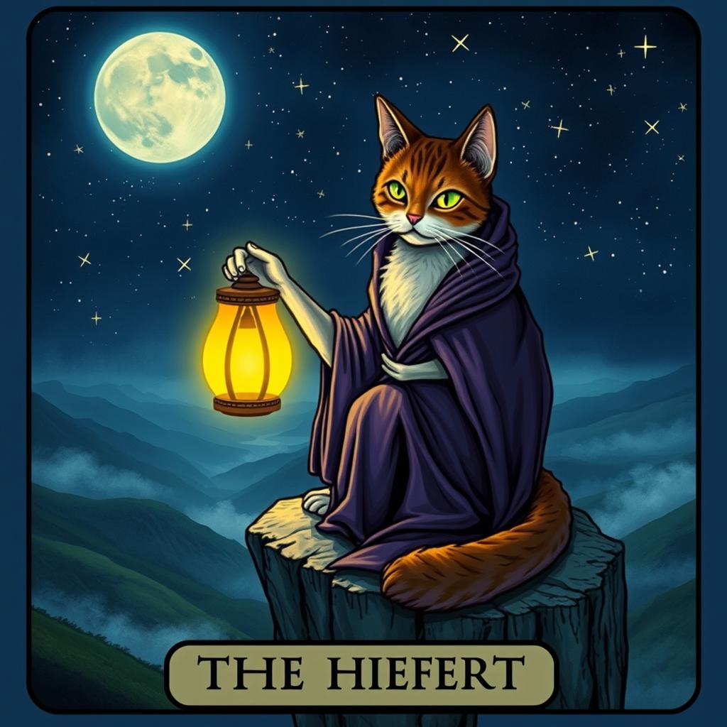 A mystical cat character representing The Hermit tarot card, sitting on a cliff's edge at night