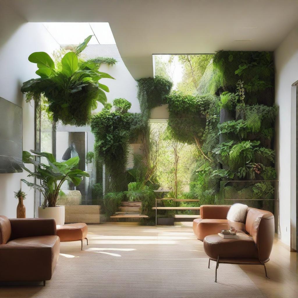 Create a biophilic home with sustainable elements, incorporating abundant indoor greenery and natural, renewable materials with cutting-edge design strategies.