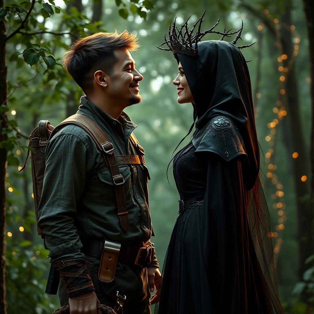 An intricate scene showing an arborist wearing a rugged outfit with a tree-trimming harness, and a fantasy character styled as a reaper queen with elegant dark robes and a crown of thorns, sharing a passionate kiss in a forest setting filled with lush green trees and subtle fairy lights in the background