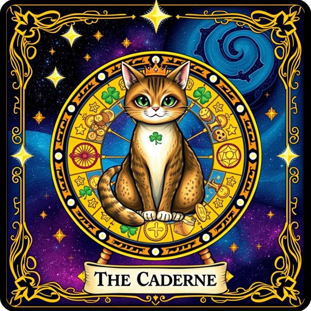 A whimsical tarot card featuring a cat as The Wheel of Fortune