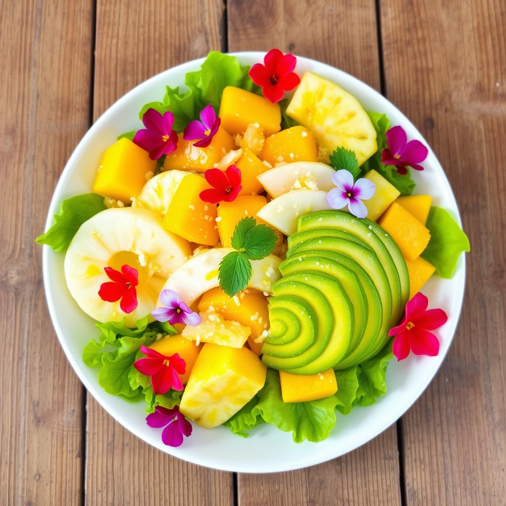 A vibrant and colorful salad featuring white pomelo, pineapple, mango, lettuce, and avocado