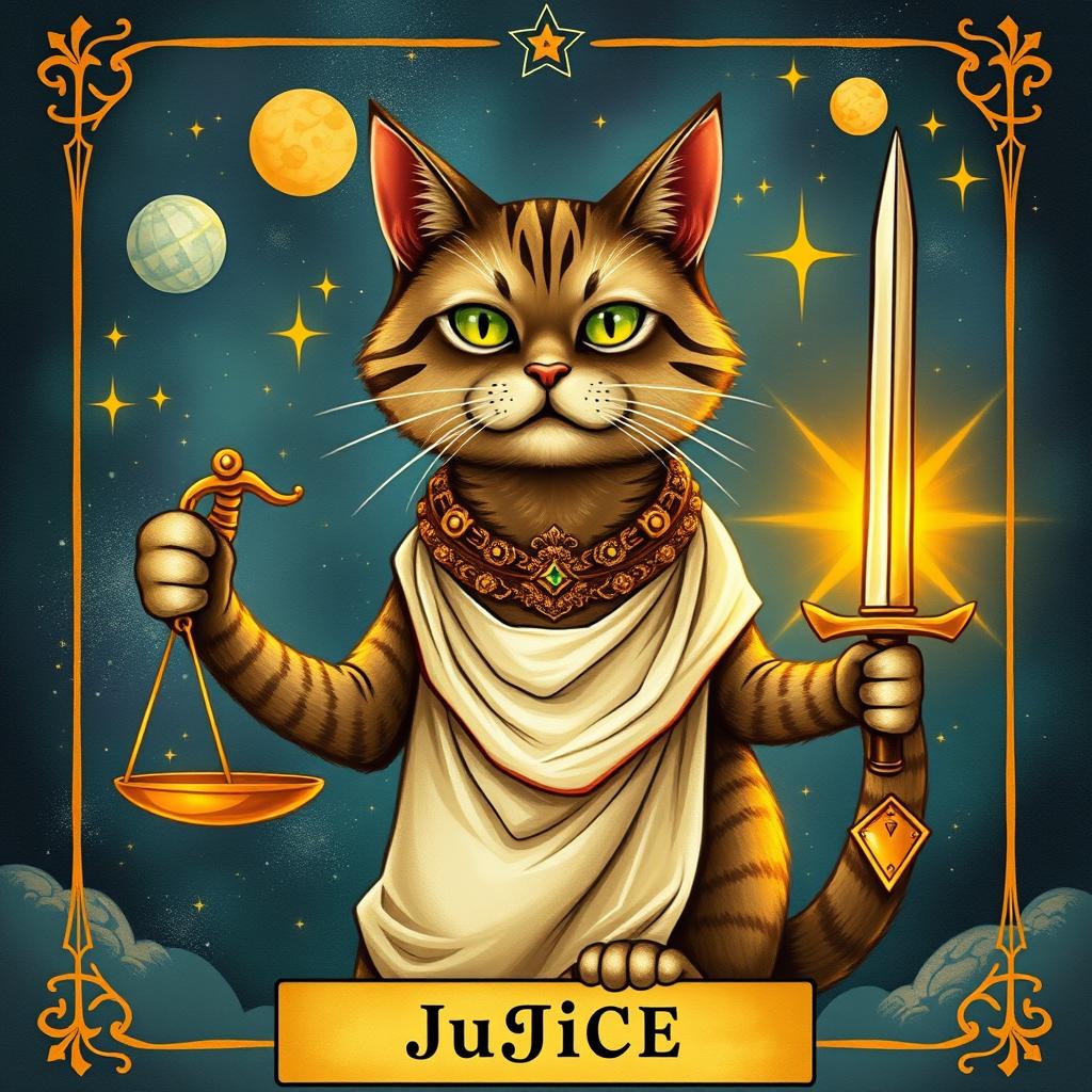 A whimsical representation of the Justice tarot card featuring a majestic cat as the central figure