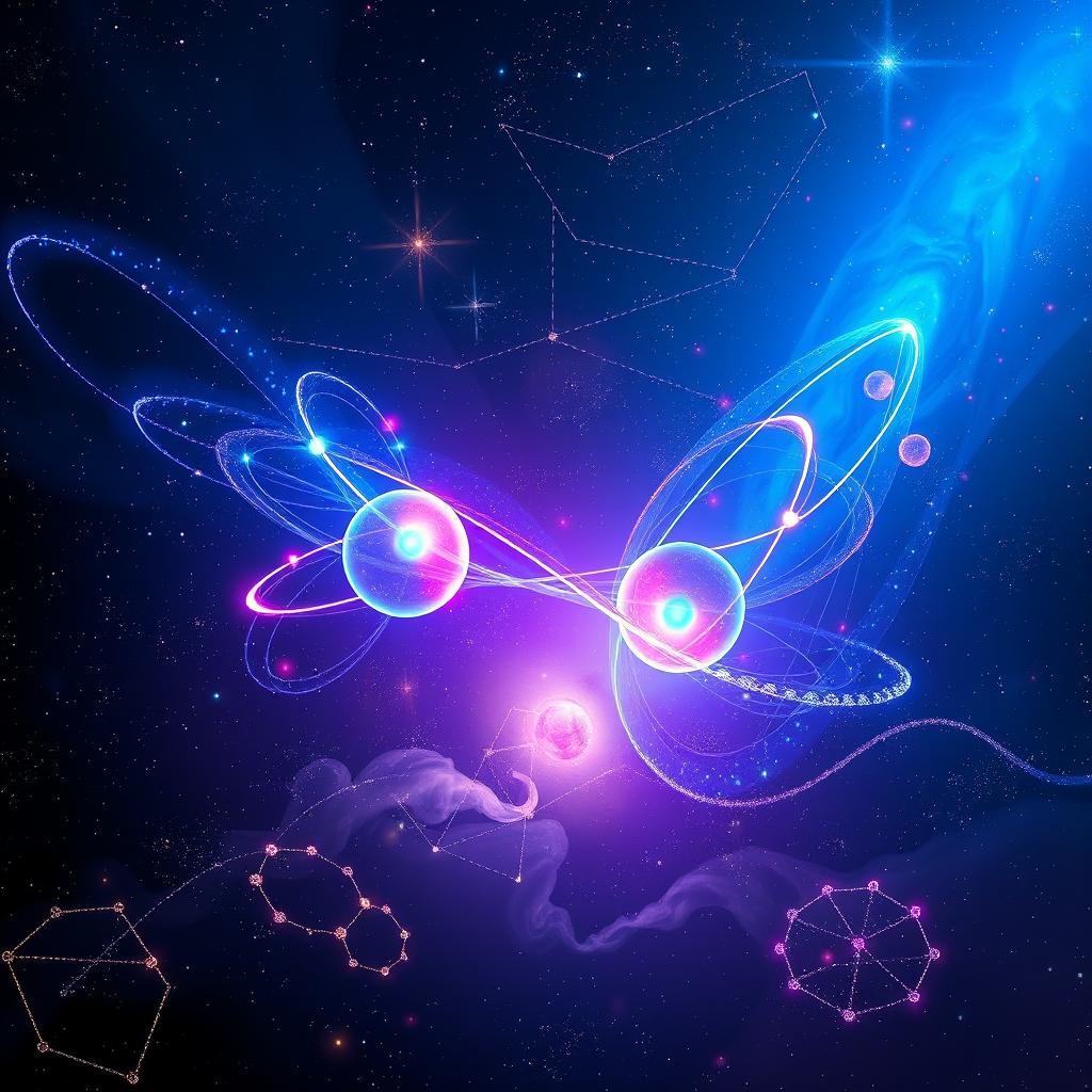A stunning representation of quantum entanglement in a digital space art style, featuring two intertwined particles connected by vibrant, swirling energy streams