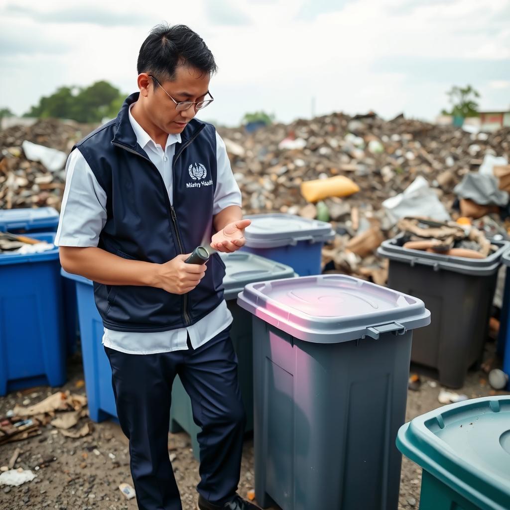 A Malaysian man dressed in a crisp white short-sleeved uniform without a tie, covered by a dark blue zipped vest featuring the Ministry of Health Malaysia's logo prominently displayed on the left pocket