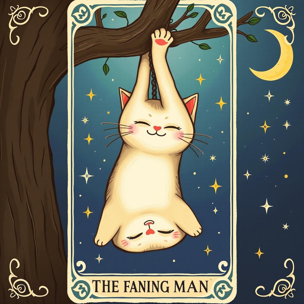 A whimsical and artistic representation of 'The Hanged Man' tarot card featuring a cat