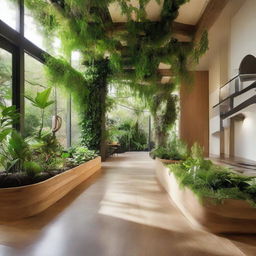 Create a biophilic home with sustainable elements, incorporating abundant indoor greenery and natural, renewable materials with cutting-edge design strategies.