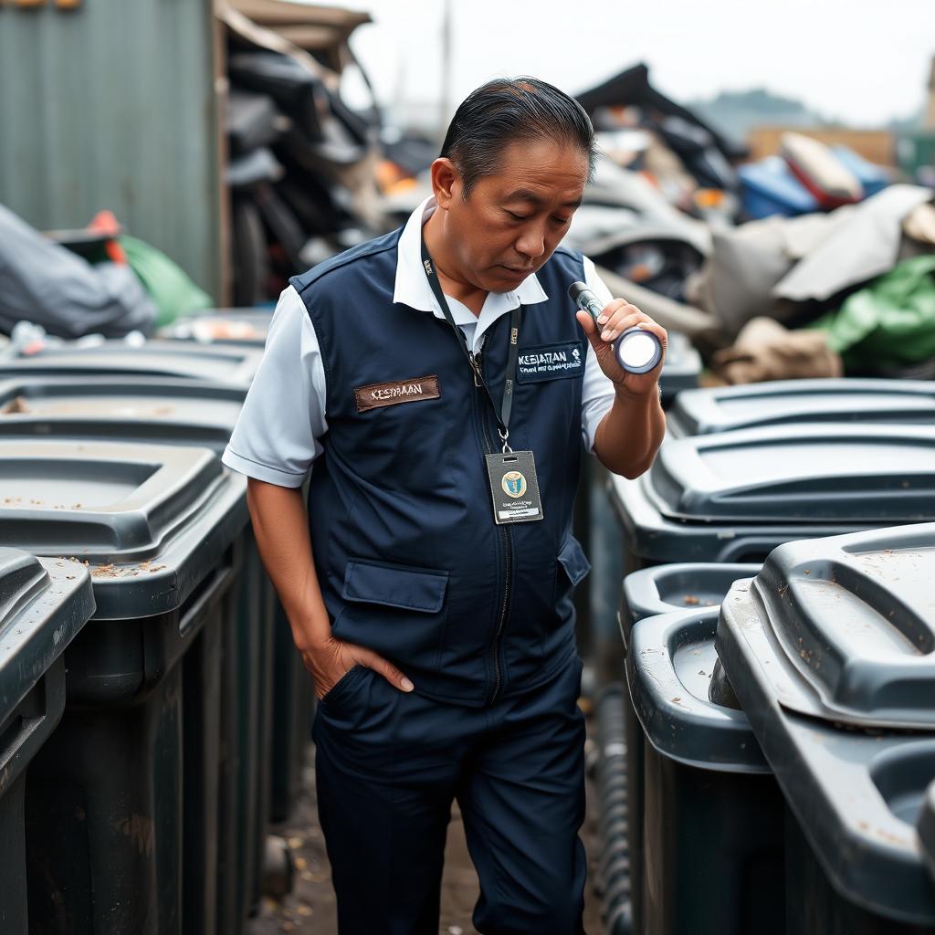 A Malaysian man wearing a white short-sleeved uniform without a tie, covered by a dark blue zipped collar vest featuring the Ministry of Health Malaysia’s logo on the left pocket