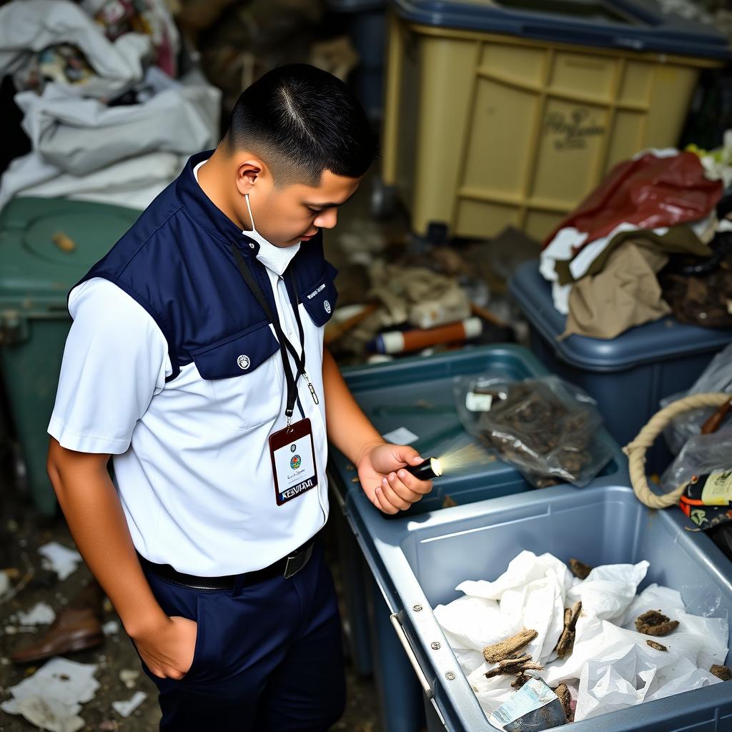 A handsome Malay man with a fit physique and a crop fade hairstyle, dressed in a white short-sleeved uniform without a tie underneath, is wearing a dark blue zipped collar vest